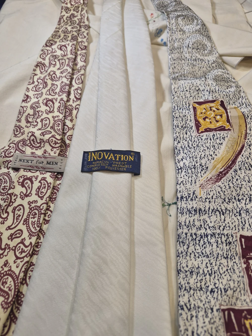 Three Men's Neckties - White, Cream Paisley & Speckled Black-White